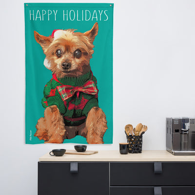 fun dog pop art for the holiday season displayed in a coffee bar