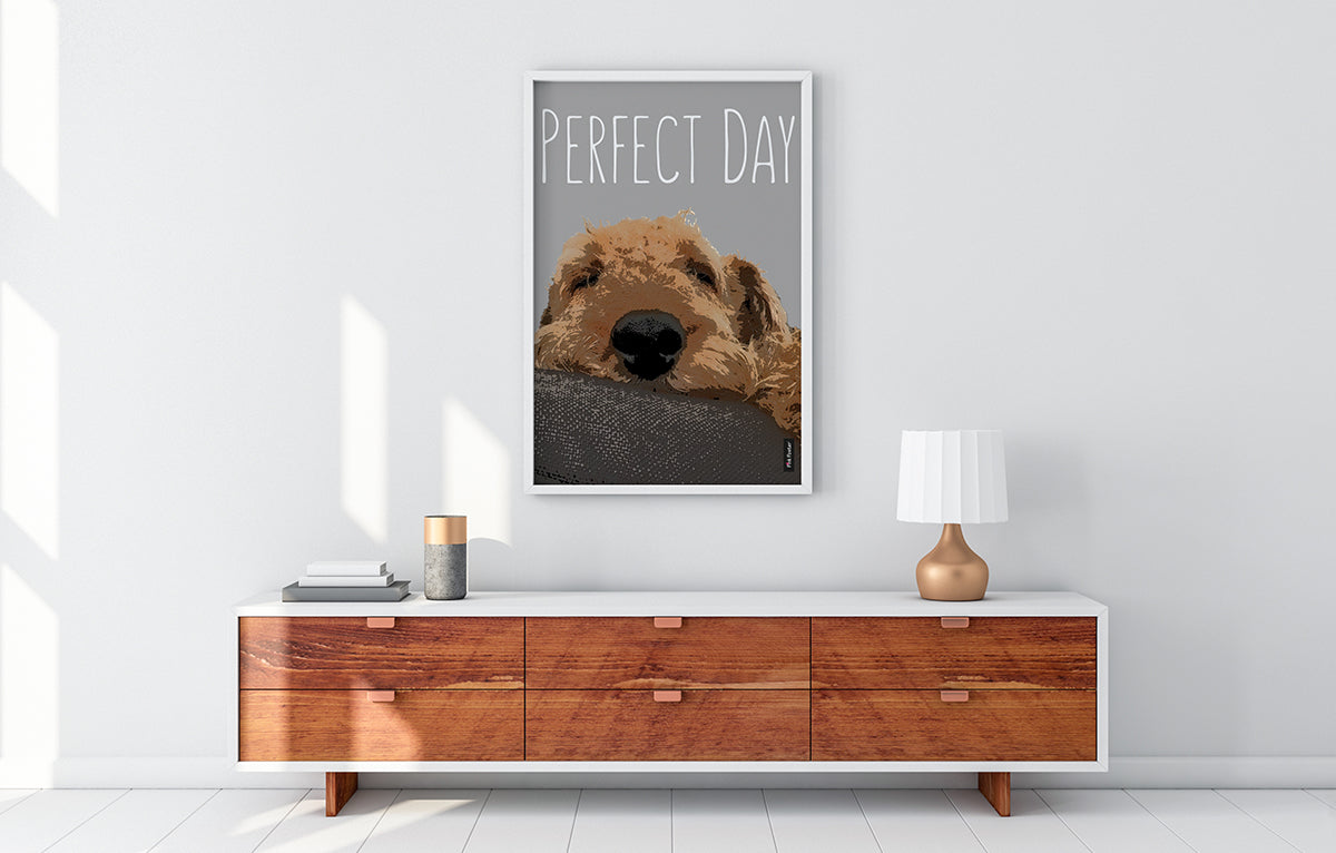 Amazing pop art of airedale terrier in a white living room