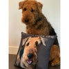 Airedale terrier with custom dog art on pillow