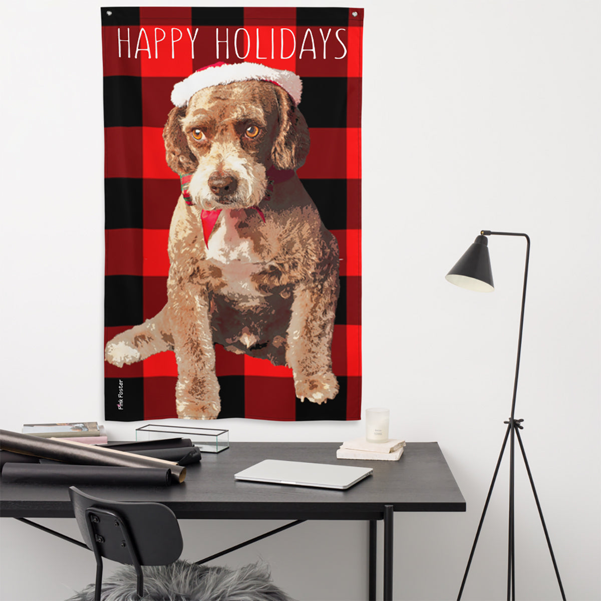 dog pop art with plaid background printed on decorative flag and displayed in home office
