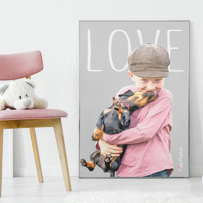 Pink Poster custom framed poster of handsome boy with his doxie puppy