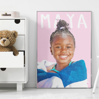 custom kid poster of pretty little girl in a white kids bedroom