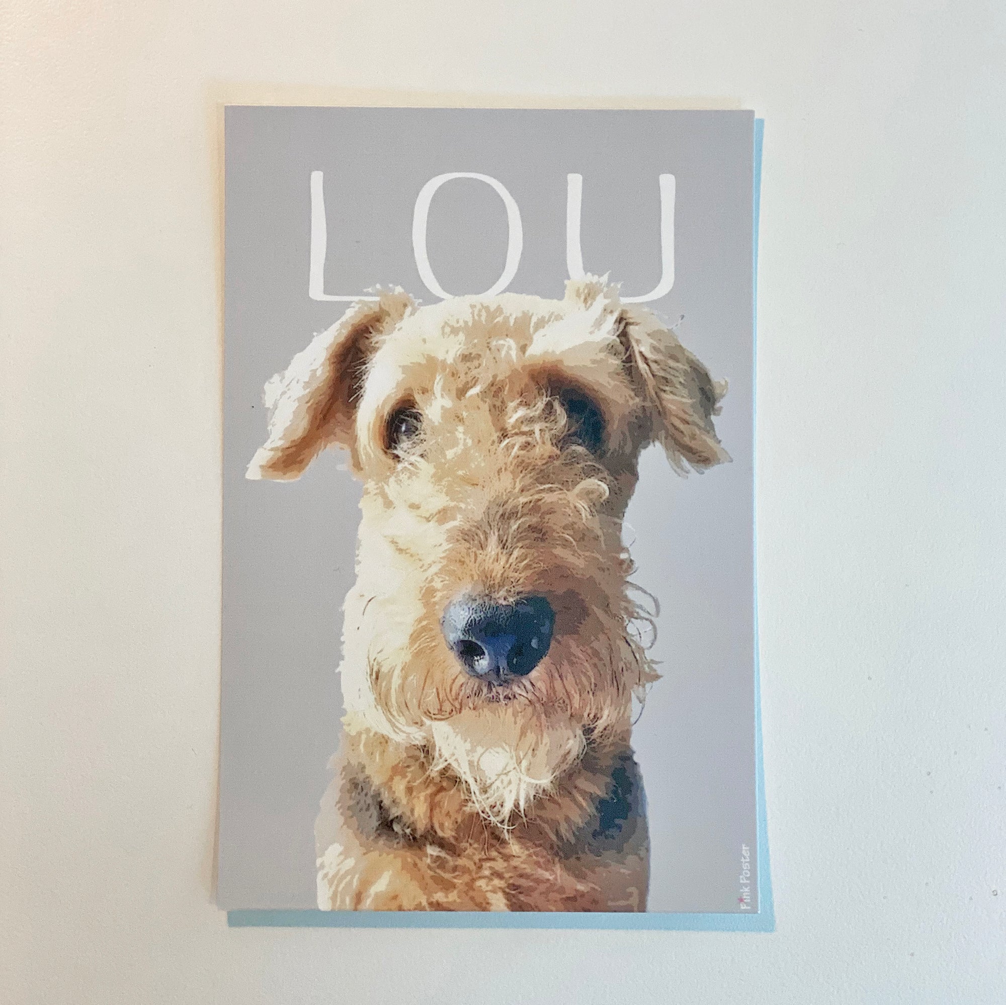 adorable pink poster dog pop art printed on a post card