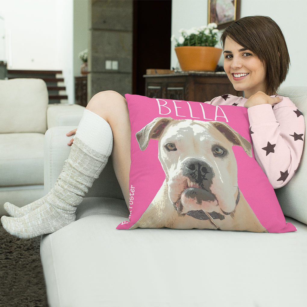 happy lady with her Pink Poster adorable cushion with her boxer dog on it