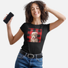Lady dancing with her custom t-shirt with personalized dog art printed on a plaid background for holiday